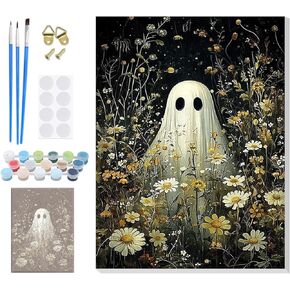 Halloween Paint by Numbers Kits for Adults Beginner with Framed Canvas, Ghost Flowers Color by Number, Easy Adult Paint by Numbers Painting Kit, Acrylic Arts and Craft for Home Wall Decor 8x12inch