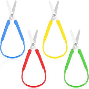 4 Pack Mini Loop Scissors, 5.5 Inch Adaptive Design, Stainless Steel Blade, Plastic Handles, Multicolor, Compact, Ambidextrous, Safe & Easy to Use