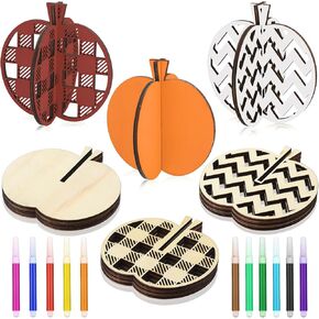 Huwena 36 Pcs Fall Crafts Set 24 Wooden Pumpkin Cutouts with 12 Colored Markers Unfinished Pumpkin Wood Slices to Paint Thanksgiving Crafts for Fall Autumn Party Table Tiered Tray