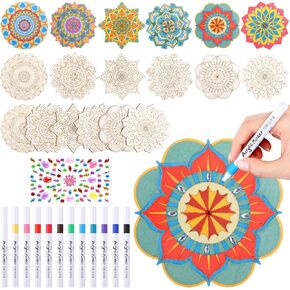 Fullhawl 30 Pcs Wooden Mandala Painting Set 18 Unfinished Wood Cutouts with 12 Markers for Crafts Mandala Wood Slices for Adults Painting DIY Crafts Tags Wedding Home Decors