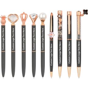 Personalized 9 Pcs Ballpoint Pen Set - Metal Crystal Diamond Glitter Pretty Cute Fancy Gifts for Christmas Birthday School Office Custom With Name Business Logo (Black)