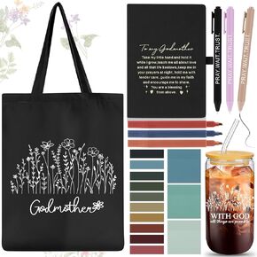 Talltalk 14 Pcs Godmother Appreciation Gift Set for Women 16oz Glass Canvas Bag A5 Journal Ballpoint Pen Notes Highlighter for Mother's Day Christmas Thanksgiving Birthday Wishes(Black)