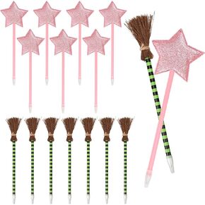 24 Pack Princess & Witch Party Favors - 12 Star Ballpoint Pens & 12 Broom Shape Pens for Kids' Parties, Decorations, Gifts & Witch Themed Celebrations (Pink & Green)