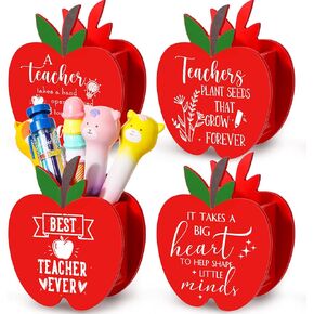 Fuutreo 8 Pcs Shape of Apple Wooden Pencil Holder Teacher Appreciation Gifts Thank You Pencil Cup Marker Organizer for Desktop School Classroom Teacher Day Gift