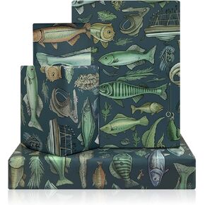 Boerni Ocean Sea Realistic Plenty of Fish Mackerel Fly Fishing Away Themed Gift Wrapping Paper 4 Sheets 28 * 20inch for Baby Shower Fishing Enthusiast Birthday Christmas Party
