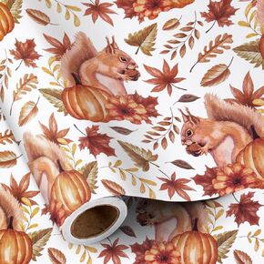 RUSPEPA Fall Fox Wrapping Paper Roll for Boys Girls, Mini Roll, Watercolor Woodland Fox and Autumn Foliage Design Gift Wrap for Thanksgiving, Baby Shower, Fall Birthday, 17 Inches x 16.4 Feet