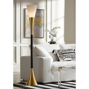 Possini Euro Design Piazza Mid Century Modern Glam Style Torchiere Floor Lamp 72.5" Tall Black Antique Brass Metal White Glass Shade for Living Room Reading House Bedroom Home Office