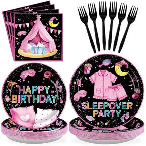 Grencian 96 Pcs Sleepover Party Supplies Sleepover Plates and Napkins Disposable Tableware Set Pajama Party Decorations for Girls Slumber Themed Birthday Serves 24
