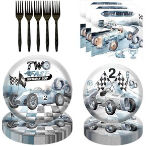 80 Pcs Vintage Race Car 2nd Birthday Party Supplies Decorations - Two Fast Dessert Plates Napkins Forks Tableware Kit for Boys Vintage Racing Car Theme 2 Years Old Birthday Party Favor