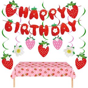 Strawberry Party Decorations Strawberrys Themed Tablecloth Happy Birthday Banner Sweet One Birthday Party Decorations for Baby Shower Strawberry Supplies