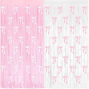 4 Pack Pink Bow Party Backdrop Decoration Pink Bow Foil Fringe Curtains for Girls Bow Birthday Baby Shower Decorations Bridal Shower Bachelorette Party Decor Supplies 3.2ft X 8.2ft