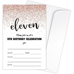 Zodvery 11th Birthday Party Invitations Cards - 11 Years old Pink Glitter Gold Theme Party Supplies for Kids, Boys or Girls - 20 Fill in Birthday Party Invitations and 20 Envelopes set/52