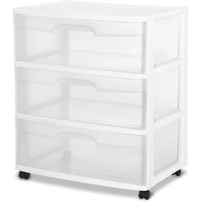 GerRiT Plastic Storage Drawer Cart, Medium Home Rolling Storage Cart and Organizer with 3 Large Clear Drawers and Wheels for Home Office, White
