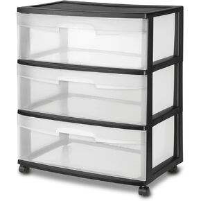 3-Drawer Wide Storage Cart with Casters – Black, Multi-Purpose Organizer for Home & Office – 24" Height, Clear Drawers