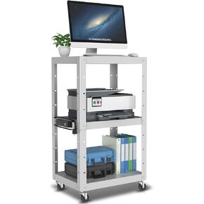 Auto Dynasty Height Adjustable AV Presentation Cart with Power Strip, Rolling Storage AV Carts for Video Projector, TV, Printers, Laptop Computers, 4 Wheels, 4' Cord, 3 Outlets, 2 USB Ports (Grey)