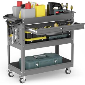 3 Tier 440 LBS Rolling Tool Cart on Wheels, Heavy Duty Utility Cart with Drawers, Screwdriver Rack, Pegboard, Service Cart for Mechanics, Garage, Warehouse, Workshop (Blue)
