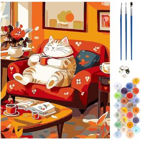 MEIYUDA Cat Paint by Numbers Kit, Cat Lying on Sofa Paint by Numbers for Adults Beginners, DIY Cartoon Acrylic Oil Painting by Number on Canvas for Gift Home Wall Decor 16x20in