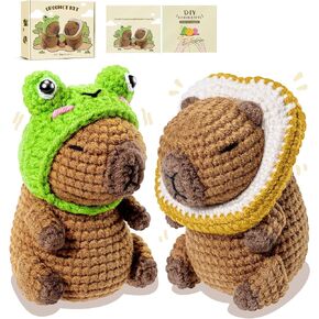 Capybara Crochet Kit for Beginners, 2PCS Capybara with Frog and Bread Hats Crochet Animal Kit with Step-by-Step Video Tutorials, Starters Crocheting Kits, Stuffed Animals Knitting Kit for Kids Adults