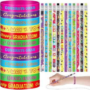 Sabary 48 Pcs Graduation Pencils Silicone Bracelets Set Graduation Party Favors Motivational Rainbow Pencils with Eraser Rubber Wristbands for Grade End-of-year Gifts(Classic)