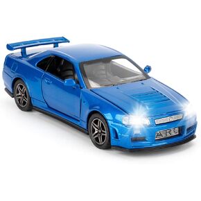 BDTCTK Compatible for 1:32 Nissan Skyline GT-R R34 Model Car, Diecast Collectible Pull Back Toy Car with Sound and Light for Adults Kids Boys Girls, Gift Blue