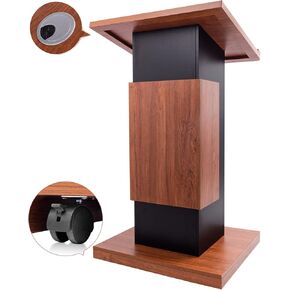 47"H Wooden Podium Stand with Lockable Wheels, Portable Lectern for Churches, Schools, Offices, and Conferences, Durable 15MM Particle Board Pulpit with Storage Shelves and Mic Slot