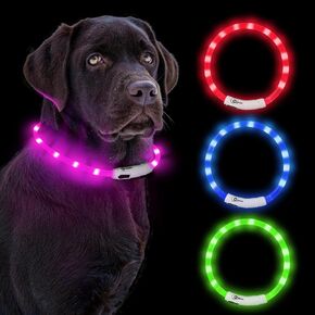 12 LED Lights Dog Collar, Waterproof Light Up Dog Collar Rechargeable, Dog Safety Necklace for Night Walking, Adjustable Cut-to-Fit Silicone Collar Small Medium Large Dog 27.5"s (Blue)