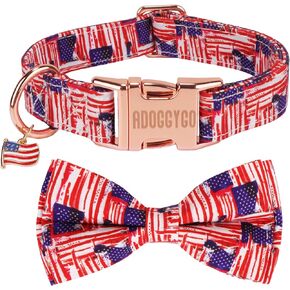 ADOGGYGO American Flag Large Dog Collar with Bow, Metal Buckle, Adjustable Patriotic 4th of July Collars for Dogs Boy Girl Male Female (Large)