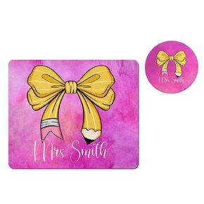 Personalized Teacher Mousepad and Coaster Desk Set Gift for Teachers Appreciation Back to School Classroom Decor Custom Handmade by The Painted Pug (Yellow Crayon)