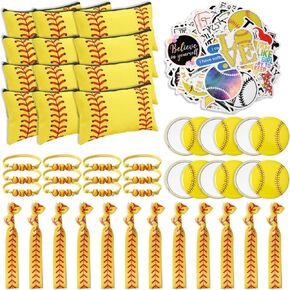 JULMELON 148 Pcs Softball Party Favors Bulk Softball Goodie Bag Stuffers Include Softball Makeup Bags Mirrors Hair Ties Bracelets Stickers for Girls Team Sport Birthday Party Decoration Accessories