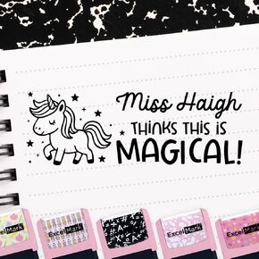ExcelMark Personalized Teacher Stamps for Classroom - Custom Stamps for Grading - Puns of Praise with 12 Stylish Mount Patterns (Pink Mount, Bee-autiful Work)