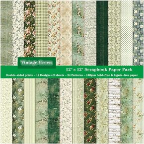 Cardstock Paper 12x12, 24 Sheets Double sided Scrapbook Papers Vintage Green Pattern Card Stock, 12 Designs, 24 Patterns, 160gsm Acid-free Decorative Craft Paper for DIY Art Craft Scrapbooking