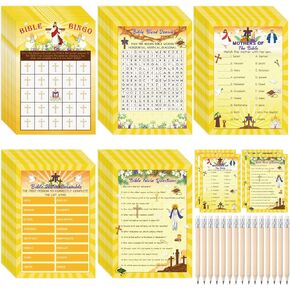 Pasimy 149 Pcs Bible Trivia Game 25 Players Christian Party Games Religious Trivia Word Search Scramble Bingo Paper Cards for Easter Vacation Bible School Sunday Church Family Open Day Supplies