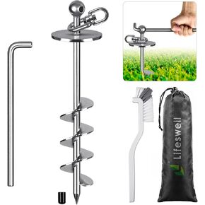 16 Inch Dog Tie Out Stake, Heavy Duty Screw in Anchor for Dogs up to 220lbs, 360° Swivel, No Tangle, Double-Sided Welded Spiral Ground Anchor for Yard, Camping, and Beach
