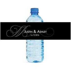 100 Black Monogram Elegant Wedding Anniversary Engagement Party Water Bottle Labels 8"x2"
