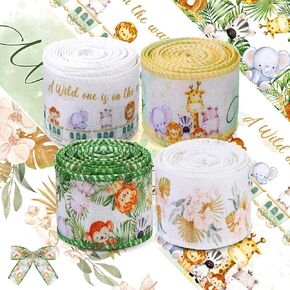 4 Rolls of 20 Yards Safari Animal Theme 1.5 Inch Wide Forest Rib Wired Baby Shower Ribbon Jungle Woodland Leaf Animal Print Ribbon for DIY Craft Jungle Woodland Theme Birthday Party Decor