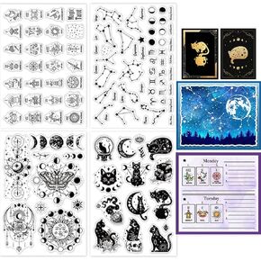 GLOBLELAND 4 Sheets Tarot Cards Clear Stamps for Card Making 12 Zodiac Signs Silicone Clear Stamp Seals Magic Cat Divination Transparent Stamps for DIY Scrapbooking Journals Decorative Photo Album