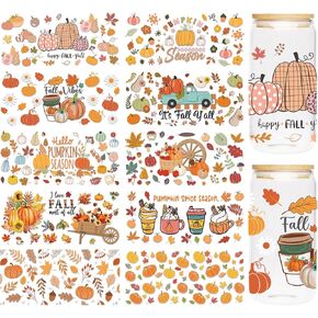UV DTF Cup Wrap Sticker - 10 Sheets Fall UV DTF Transfer Sticker for 16 oz, Autum Uvdtf Cup Wraps, Pumpkin Maple Leaf Design Waterproof Rub on Transfer for Glass Water Bottle