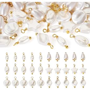 Cheriswelry 48pcs Pearl Pendants Star Flat Round Oval Rhombus Dangle Pearl Charms Real 18K Gold Plated Plastics Pendant 13.5~16mm for DIY Craft Earring Bracelet Necklace Jewelry Making