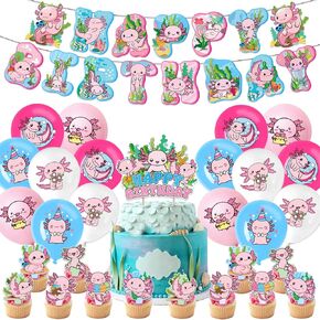 Colorful Axolotl Birthday Party Supplies Set with Banner, Cake Topper, Cupcake Toppers, Balloons, Cute Axolotl Theme Party for Baby Shower Kids Girls Birthday Decorations