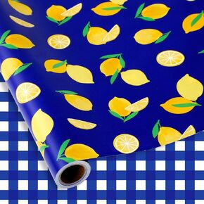 JarThenaAMCS Tropical Lemon Plaid Wrapping Paper -Mini Roll- 17In x 32.8Ft Navy Blue White Yellow Gift Wrap Paper Double Printed Craft Paper for Summer Birthday Baby Shower Party Packing Supplies