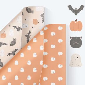 Cheerland Halloween Wrapping Paper Cute Ghost Pumpkin Cat Bat Gift Wrap Trick or Treat Gift Packing Kids Spooky Birthday Baby Shower Holiday Classroom Summerween Party Decoration Supplies 12pcs