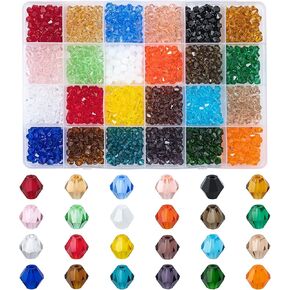 2880pcs 4mm Bicone Crystal Beads, Bulk Small Faceted Bicone Glass Beads for Jewelry Making DIY Craft Bracelet Necklace Earring with Container Box (24 Rainbow Colors)