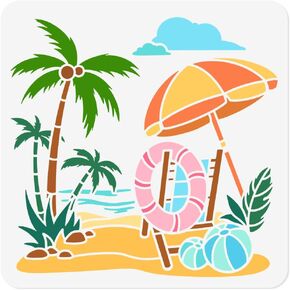2Pcs Summer Beach Stencils for Painting, 11.8"x11.8" Reusable Palm Tree Stencil Drawing Templates, Beach Vacation DIY Craft Paint Templates for Wall Home Decor Wood Burning Canvas Journal