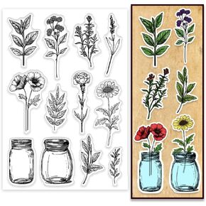 PH PandaHall Plant Clear Stamps for Scrapbooking, Leaf Branch Flower Silicone Stamp Jar Bottle Vase Transparent Rubber Stamp for Journal, Gift Tags, Invitation Card, Paper Crafting Photo Albums