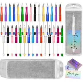 DIY Beadable Pens Kit - 30 Colors, 30 Foil Thank You Cards, Resealable Packaging Bags - Cute Office School Supplies