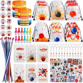 Sweetude 140 Pcs Bowling Birthday Party Favors for Kids Bowling Party Decorations Bag Keychain Ballpoint Pen Stickers Mini Notepads Silicone Wristband Badge Pencil for Birthday Supplies School Prizes