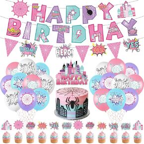 Hero Party Decoration Hero Happy Birthday Banner Pink Spidey Theme Pennant Flag Banner Cake Toppers Latex Balloons for Spider Girl Birthday Baby Shower Party Supplies