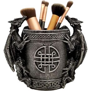 DWK - Literary Beasts - Twin Double Dragon Celtic Gothic Pen Pencil Desk Organizer Makeup Brush Holder Art Supply Caddy Home Office Accent Storage Accessory, Antique Silver Pewter, 6.5-inch