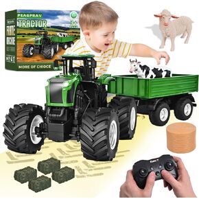 Remote Control Tractor Toy with RC Trailer -23.6 Inches 1/16 Scale RC Monster Truck- 2.4GHz Toddlers Farm Vehicle Toys Set for Boys Girls Kids Ages 3-8 Year Old Birthday Gift