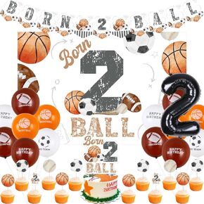 Born 2 Ball Birthday Decorations Football Basketball Baseball Party Supplies with Born 2 Ball Birthday Banner Backdrop Sports Theme Cake Cupcake Toppers for Sports 2nd Bday Party Supplies